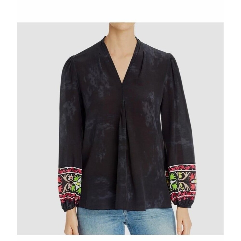$745 Kobi Halperin Women's Black Gray Long-Sleeve V-Neck Silk Blouse Top Sz L